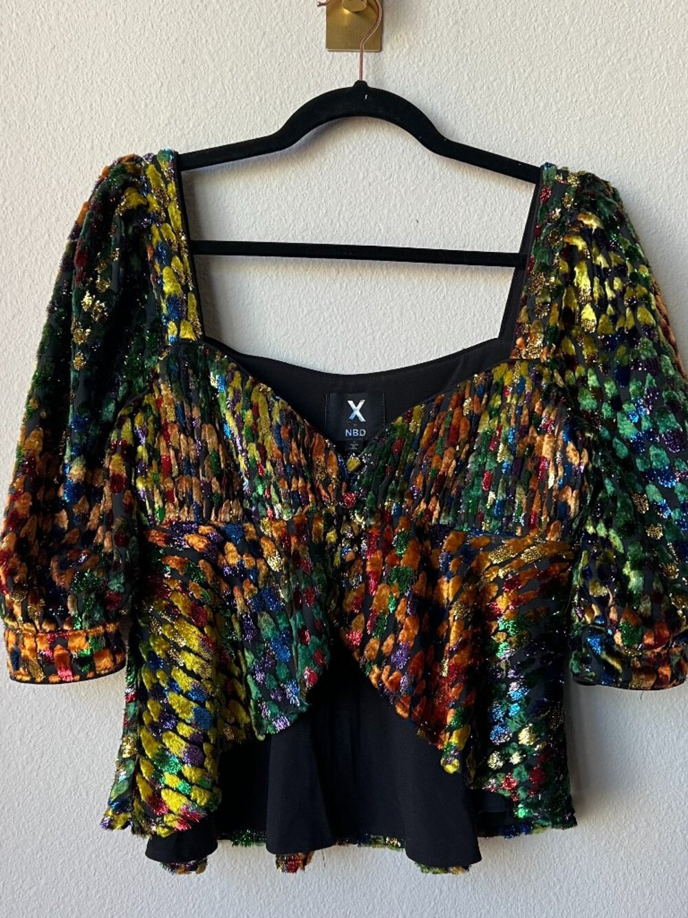 NBD Multicolor Metallic Velvet Peplum Blouse Size S